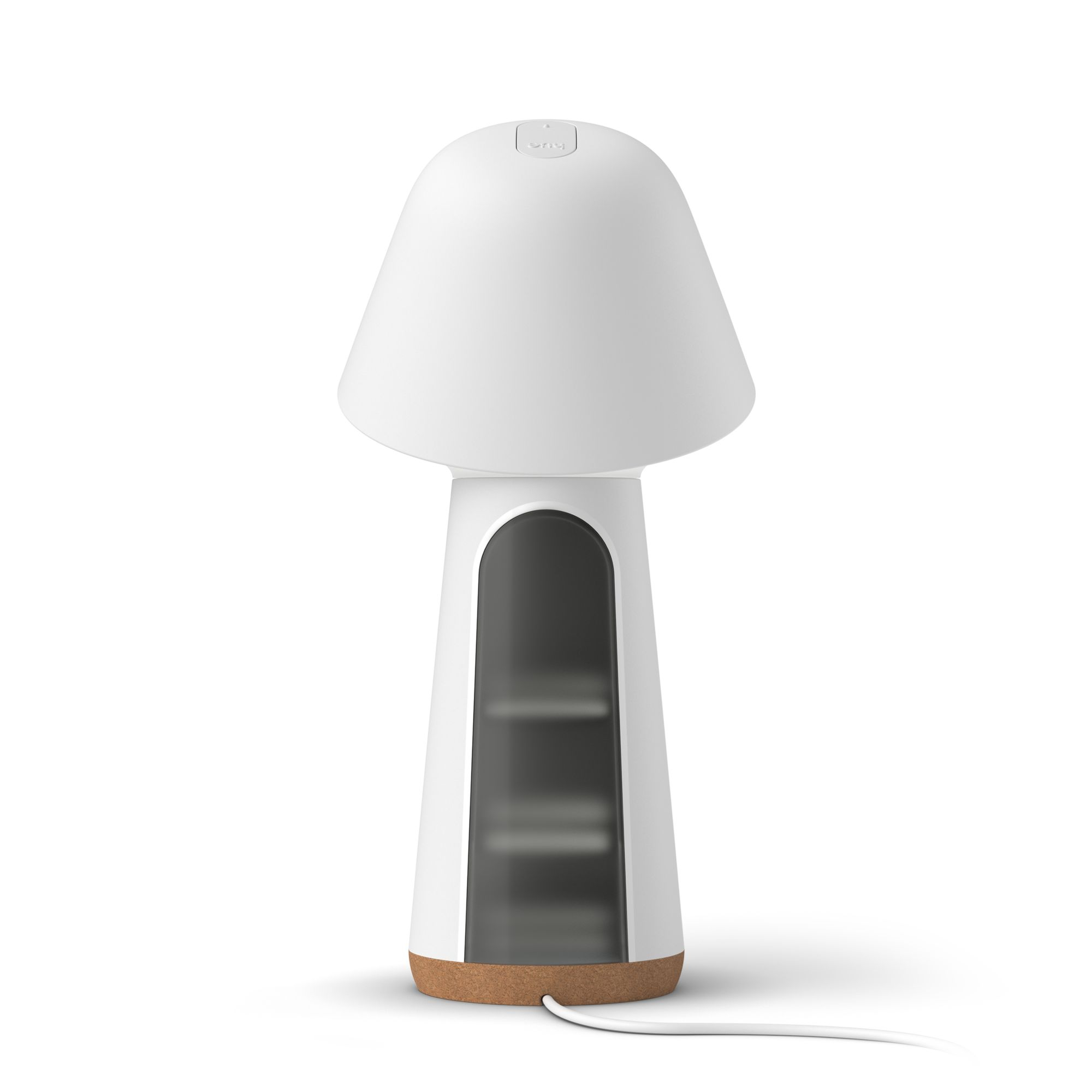 Biała lampa w kształcie grzyba z brązową podstawą i kablem. Podstawa ma ciemną sekcję.