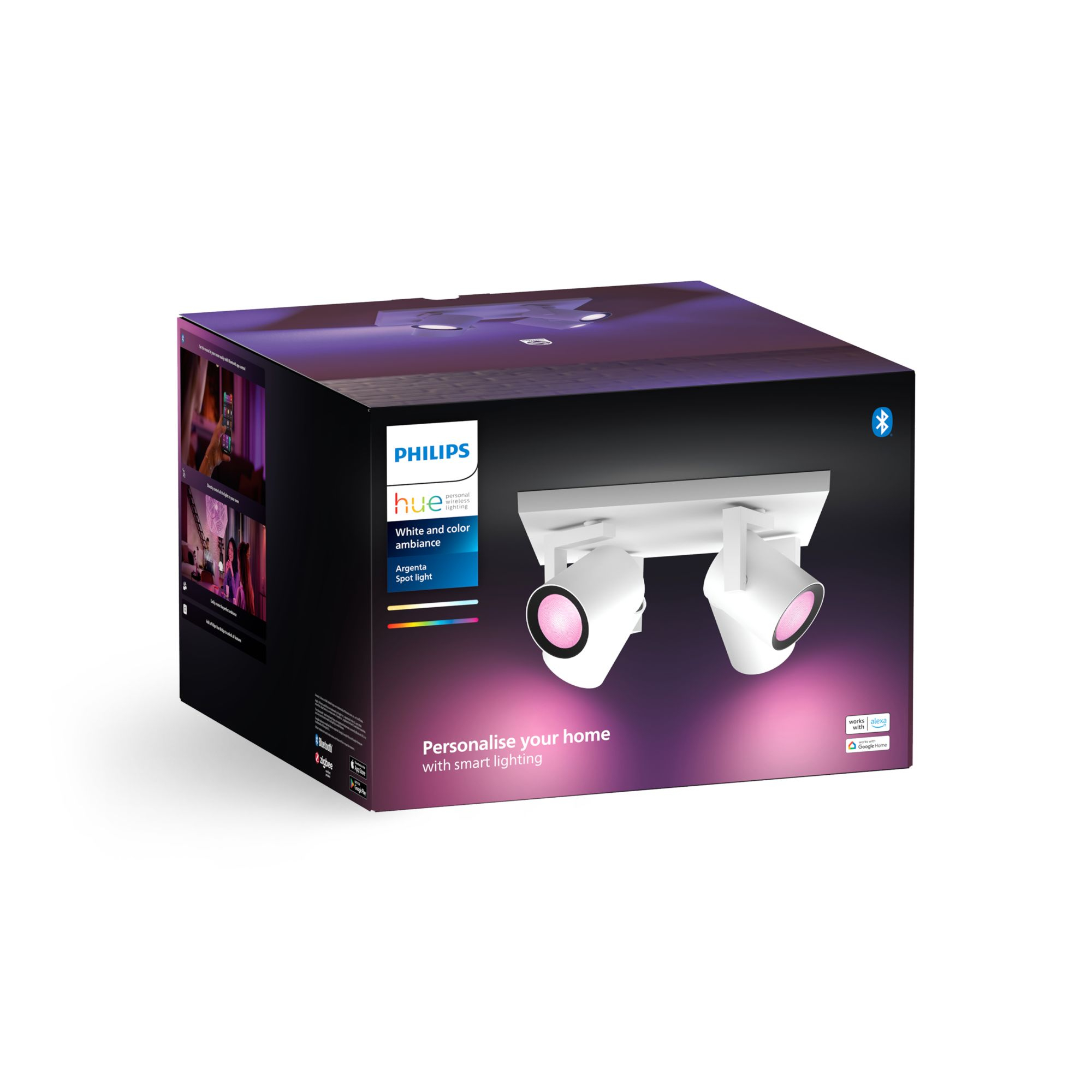 Philips Hue spotlight box met witte en kleuren sfeer, productpresentatie.