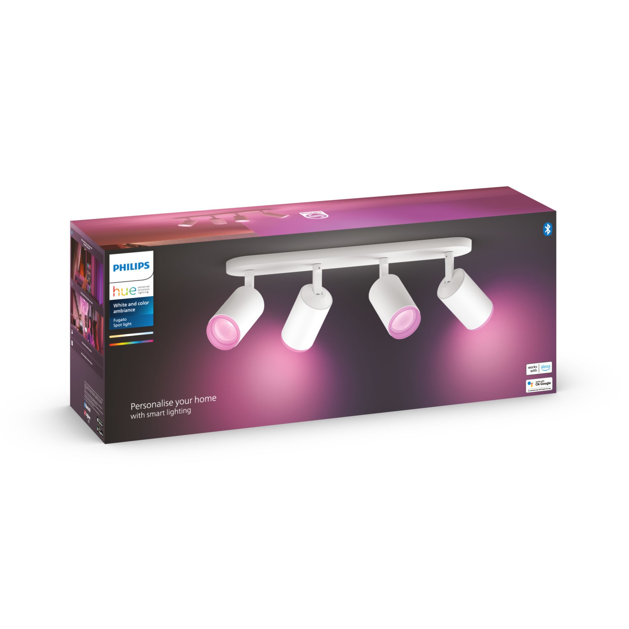 Pudełko oświetlenia inteligentnego Philips Hue z czterema reflektorami. Różowe światło.