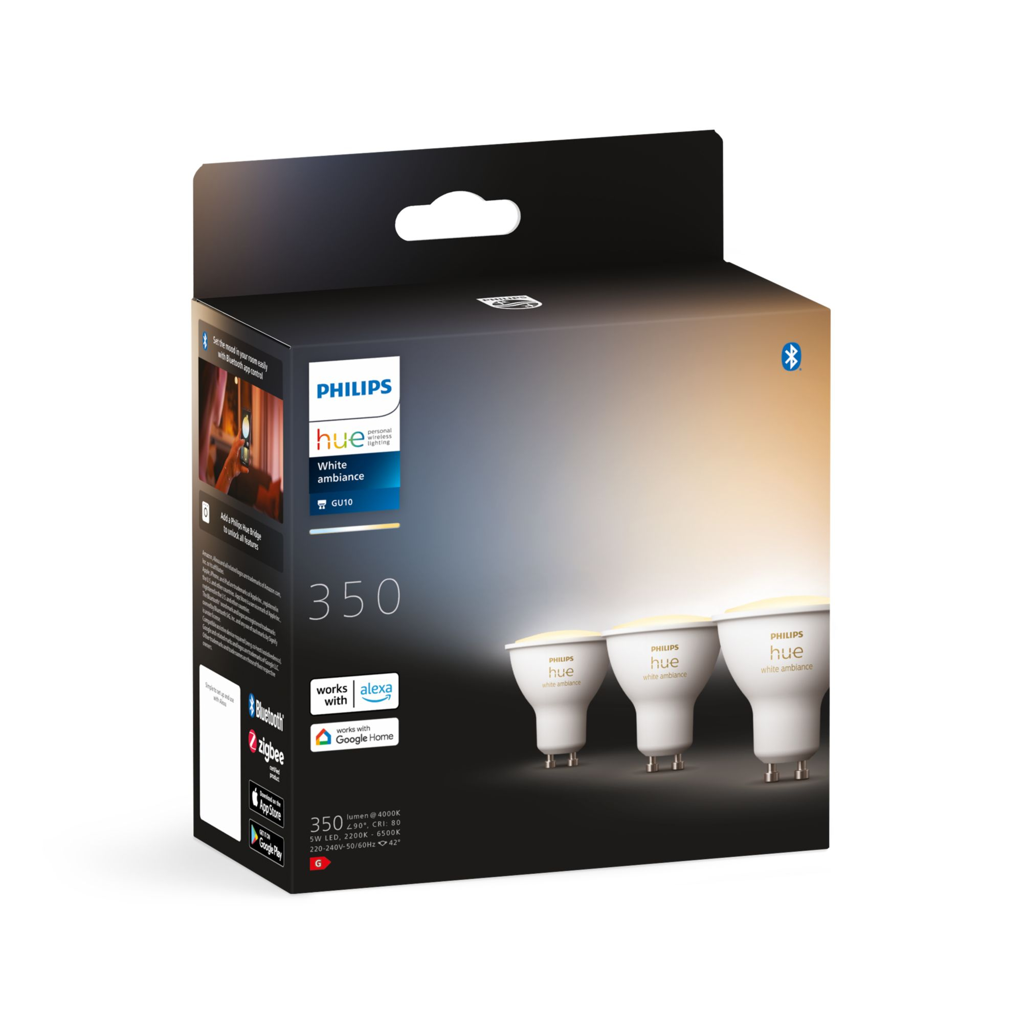 Scatola di lampadine intelligenti Philips Hue. Mostra tre lampadine GU10. Informazioni prodotto.