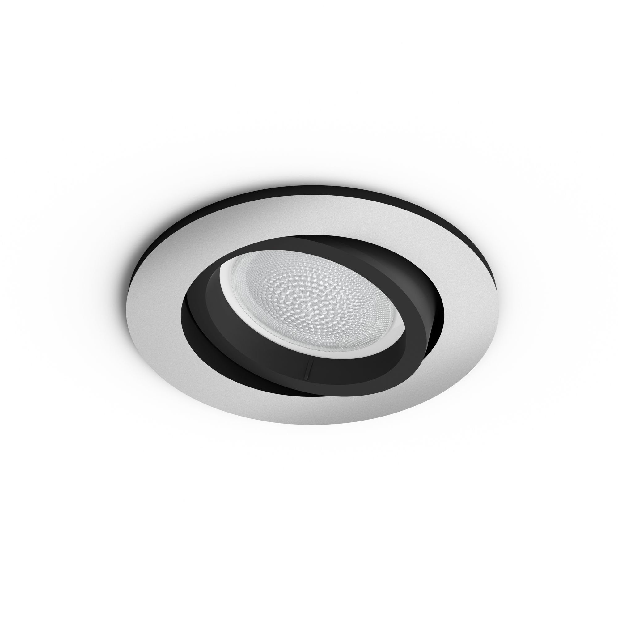 Una luz de techo empotrada blanca y negra. La luz es redonda con una fuente de luz central.