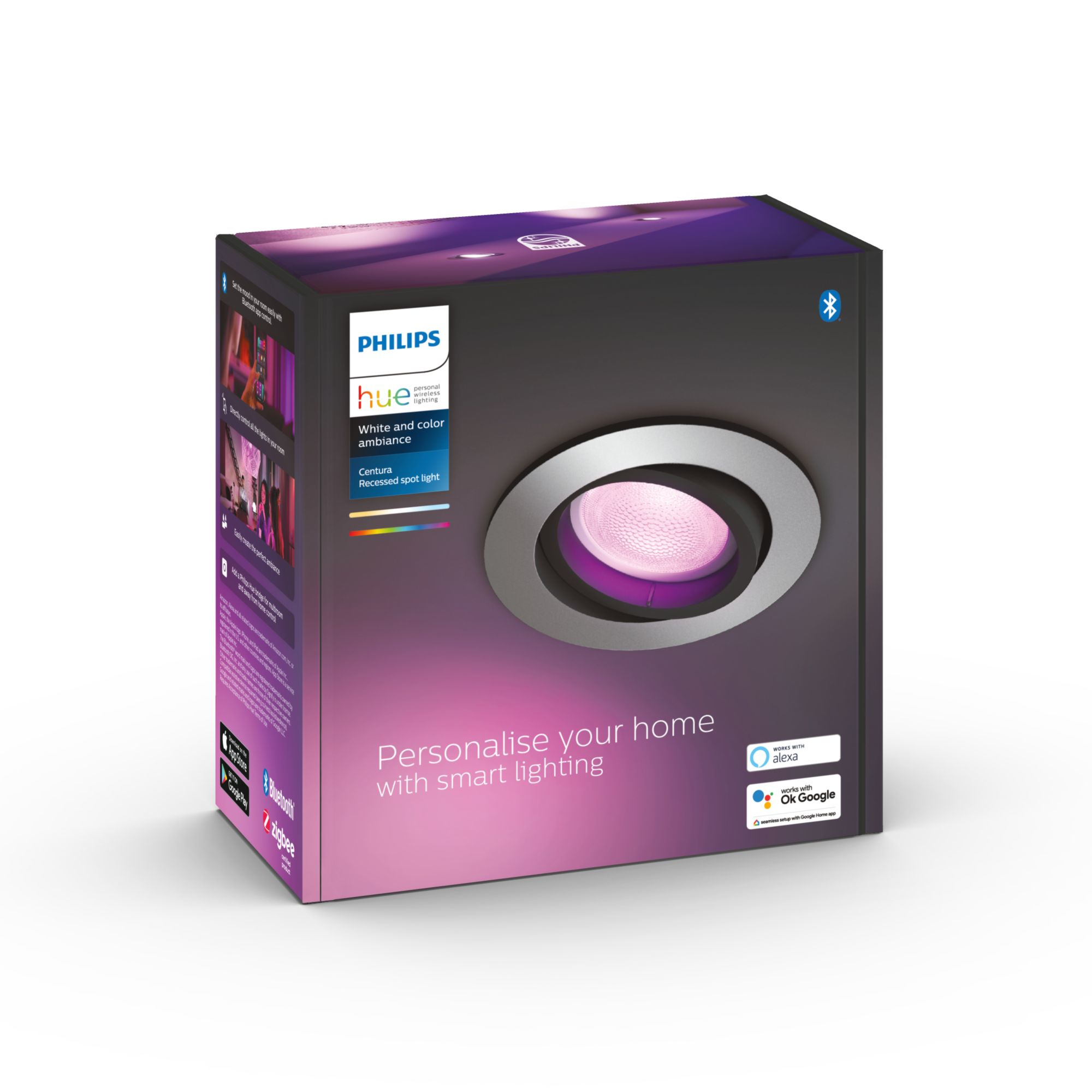 Caja de foco empotrado Philips Hue con luz púrpura. La caja muestra detalles sobre el producto.