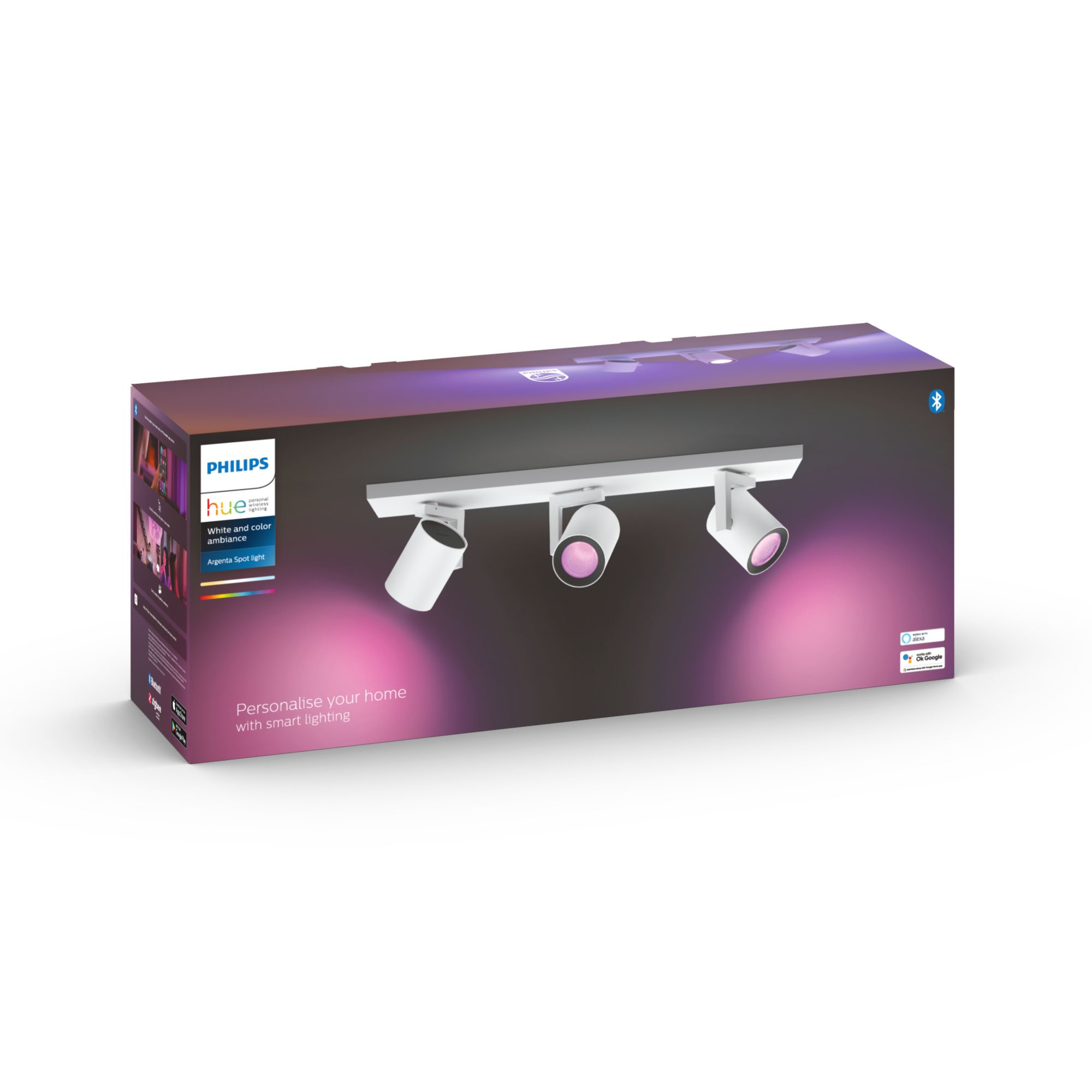 Una scatola mostra un faretto su binario bianco con tre faretti e il logo Philips Hue.