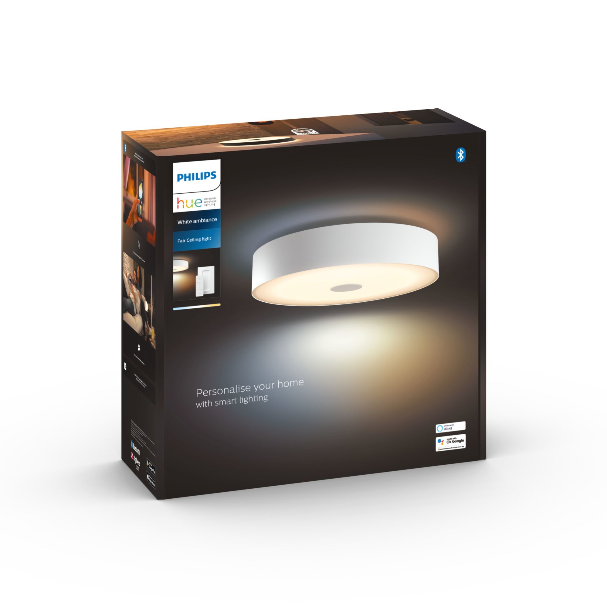 Boîte de plafonnier Philips Hue White Ambiance. Luminaire blanc sur la boîte, avec la marque.
