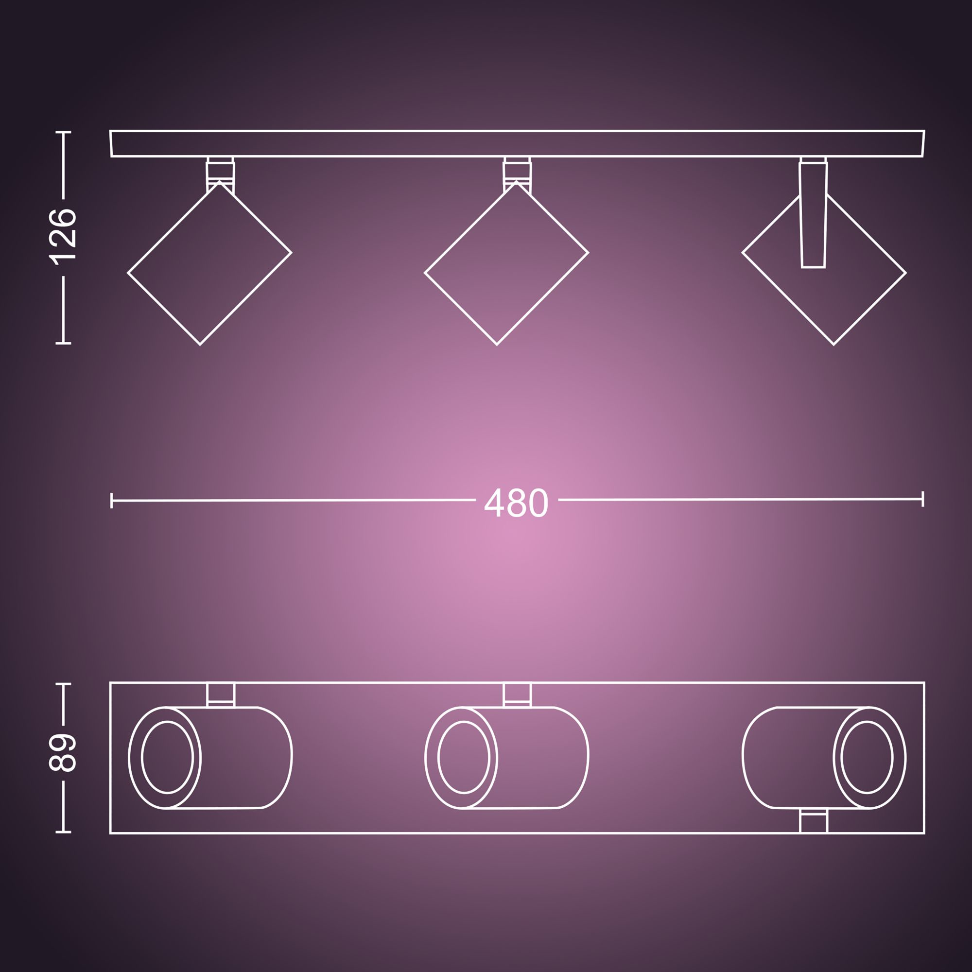 Diagramma di tre faretti, con misure in mm.