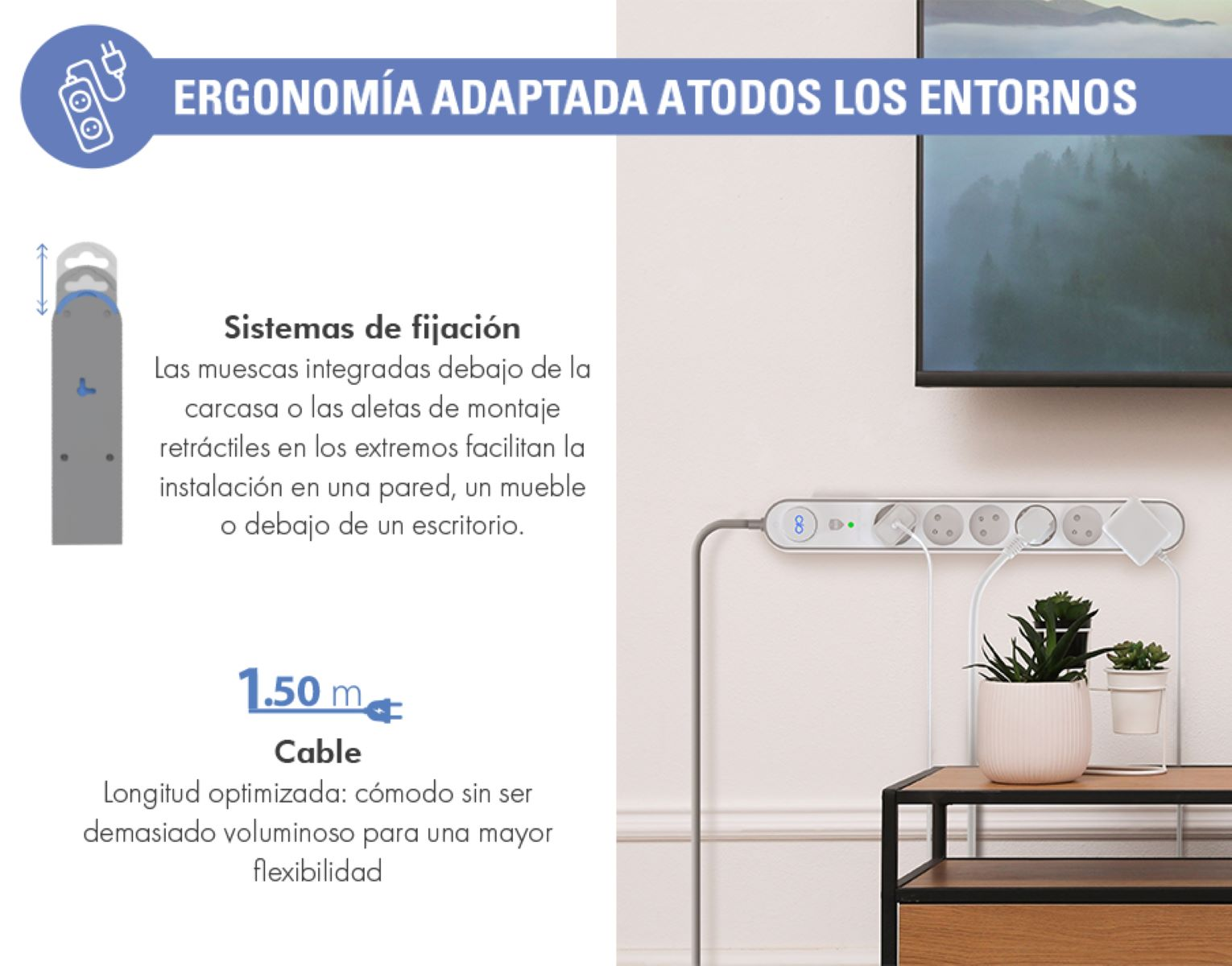 Diagrama que muestra una regleta. El texto explica características como el montaje y la longitud del cable.