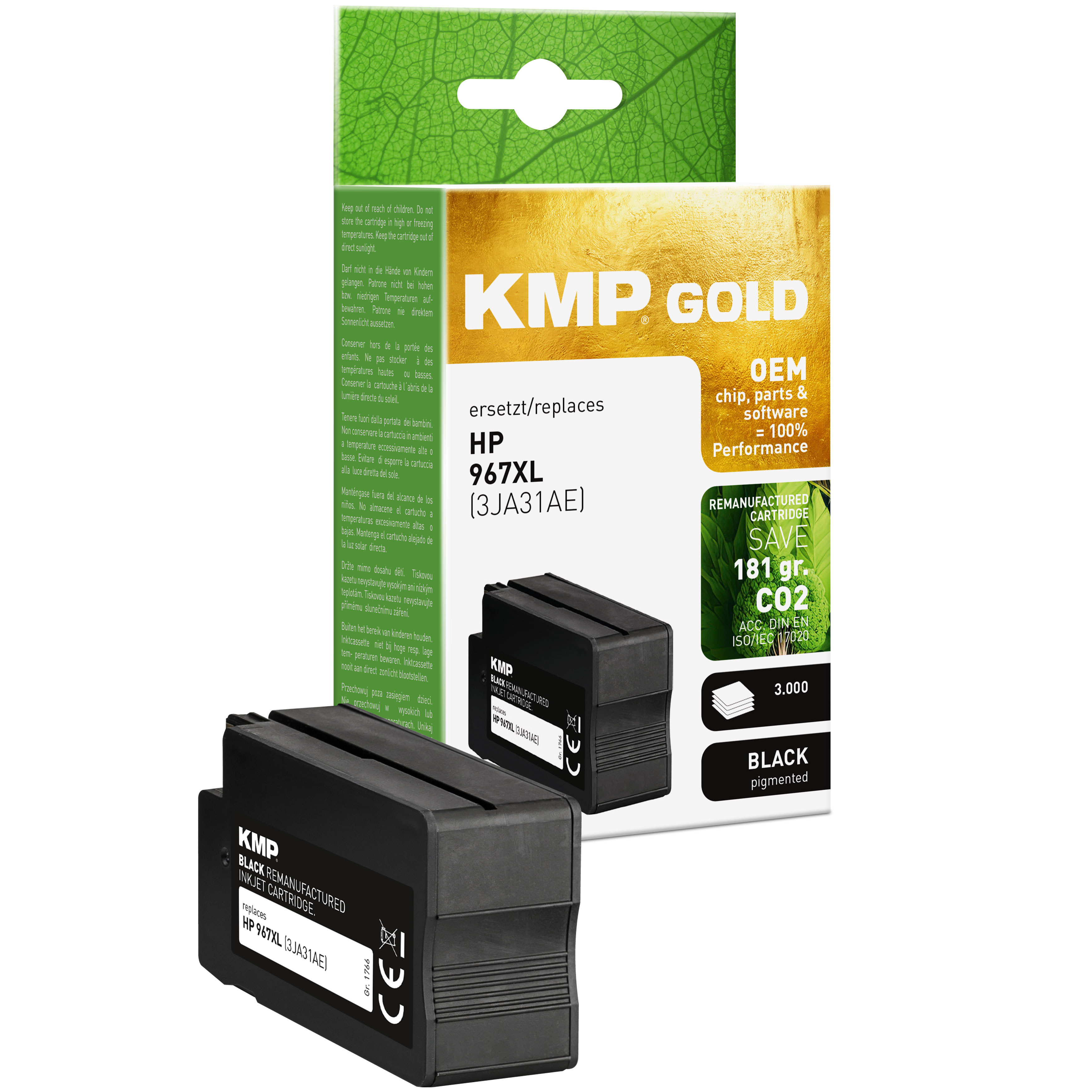 Cartucce d'inchiostro KMP nere con una scatola. Testo: KMP GOLD, HP 967XL, Black pigmented.