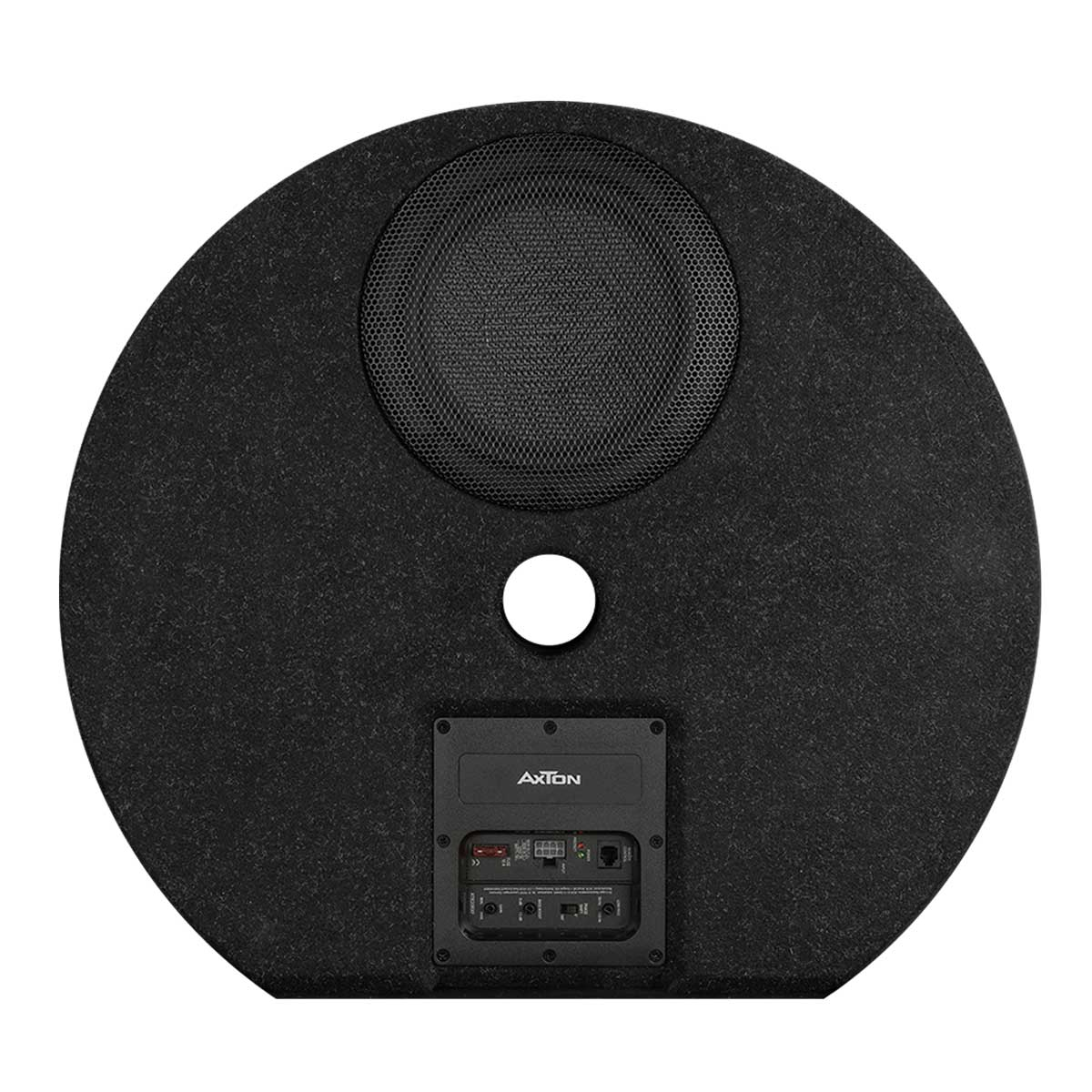 Schwarzer Subwoofer mit Mesh-Gitter und kleinem Loch, mit Axion-Etikett.