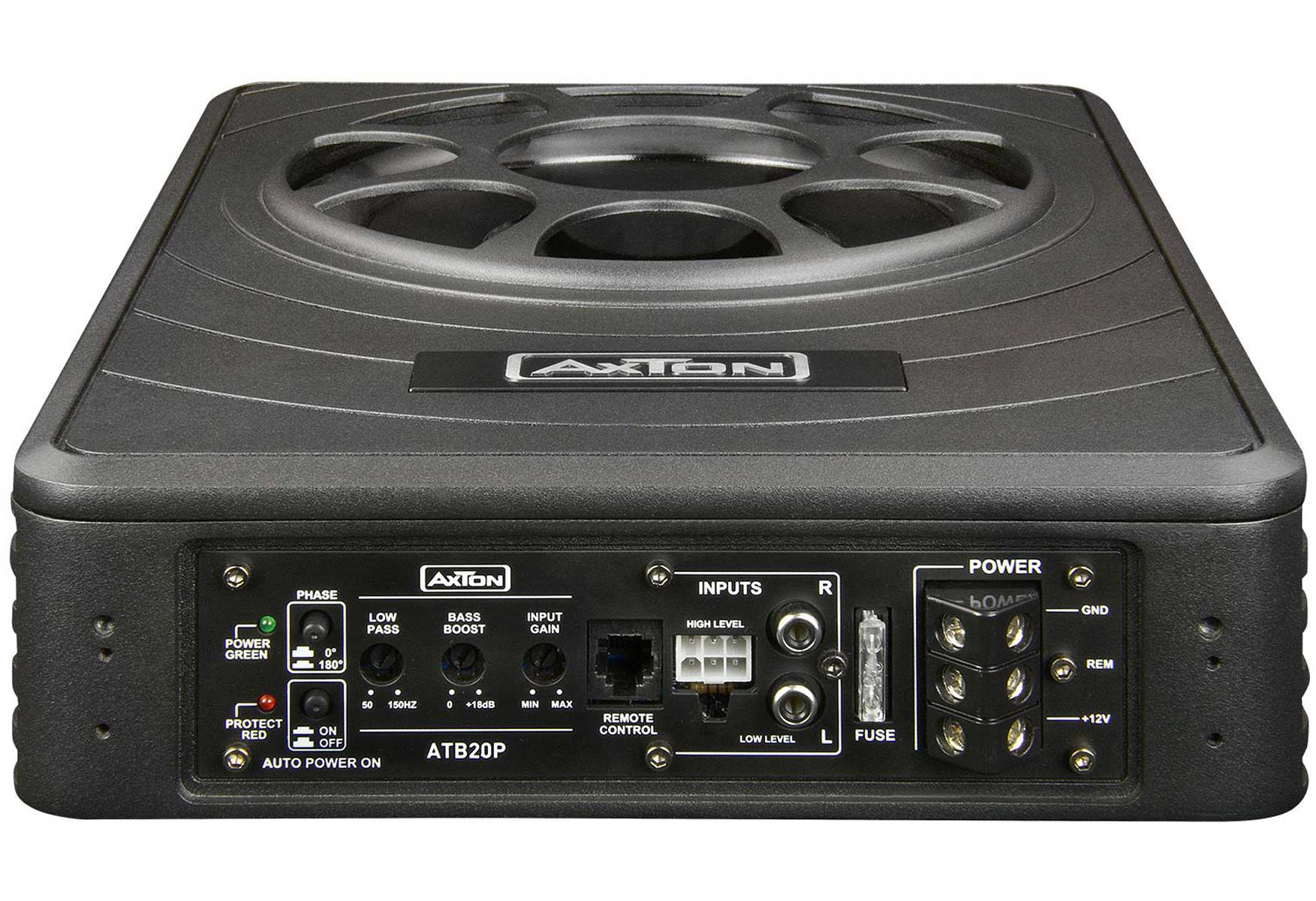 Schwarzer Axion-Subwoofer mit Bedienelementen und Anschlüssen. Er befindet sich auf weißem Hintergrund.