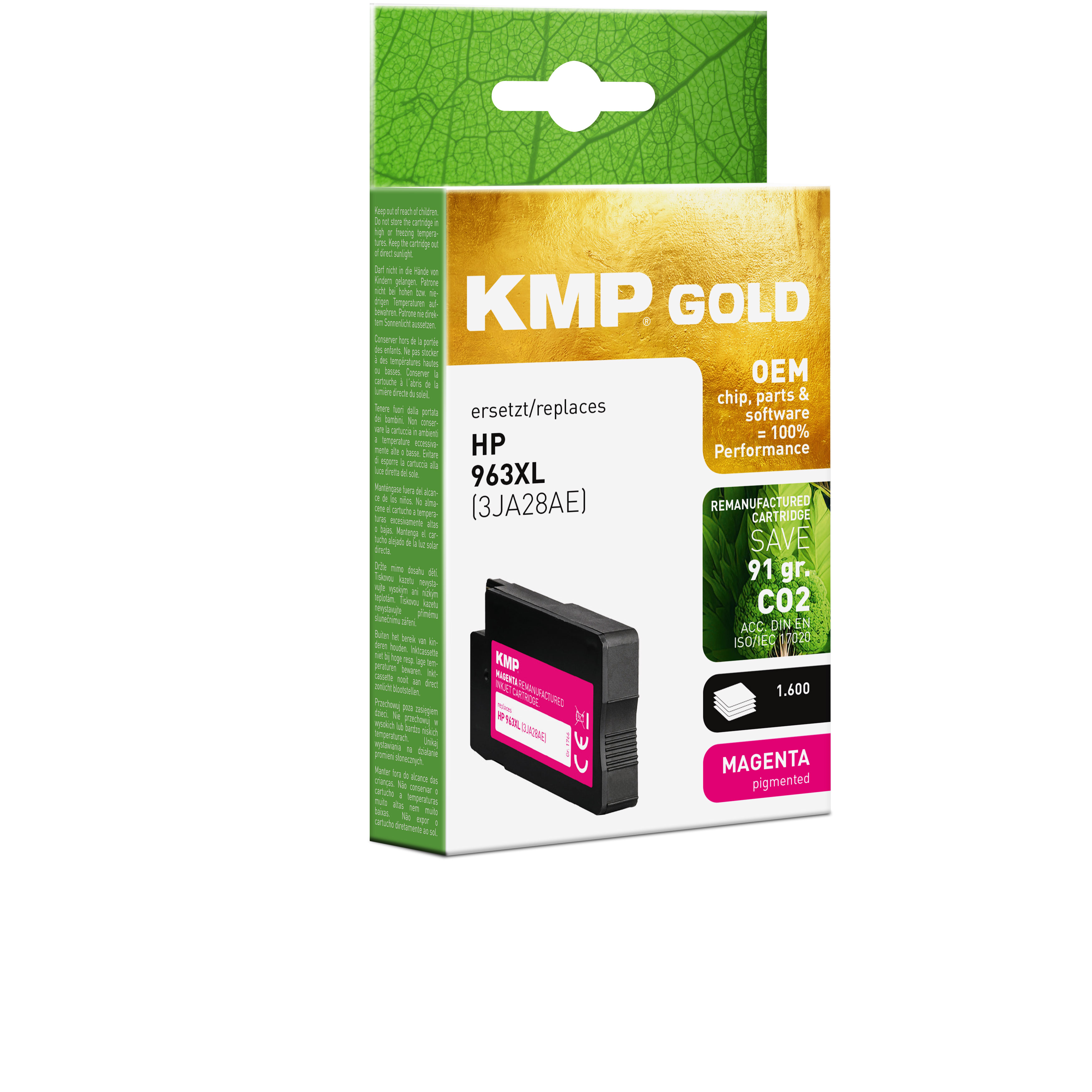 Cartuccia d'inchiostro magenta KMP Gold nella sua scatola, con testo e cartuccia nera.