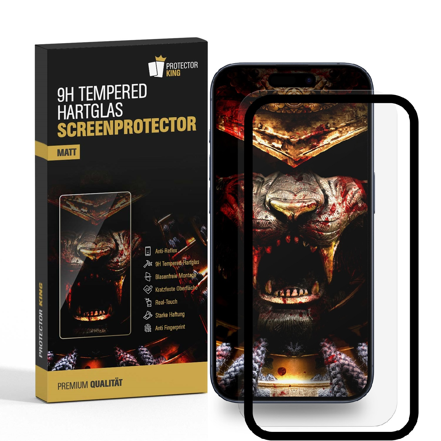 Handy-Displayschutzfolienbox und -schutz. Schwarz-weiße Box. Schutz zeigt Löwenbild.