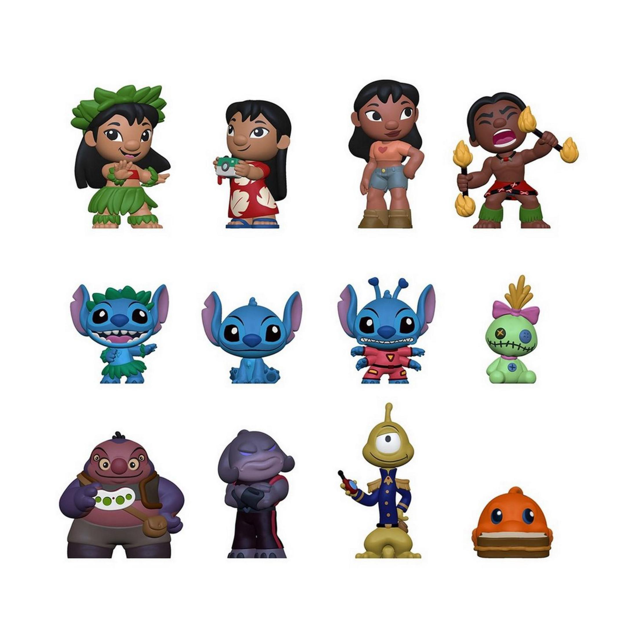 Zwölf Lilo und Stitch Figuren. Sie sind in verschiedenen Farben und Posen dargestellt.