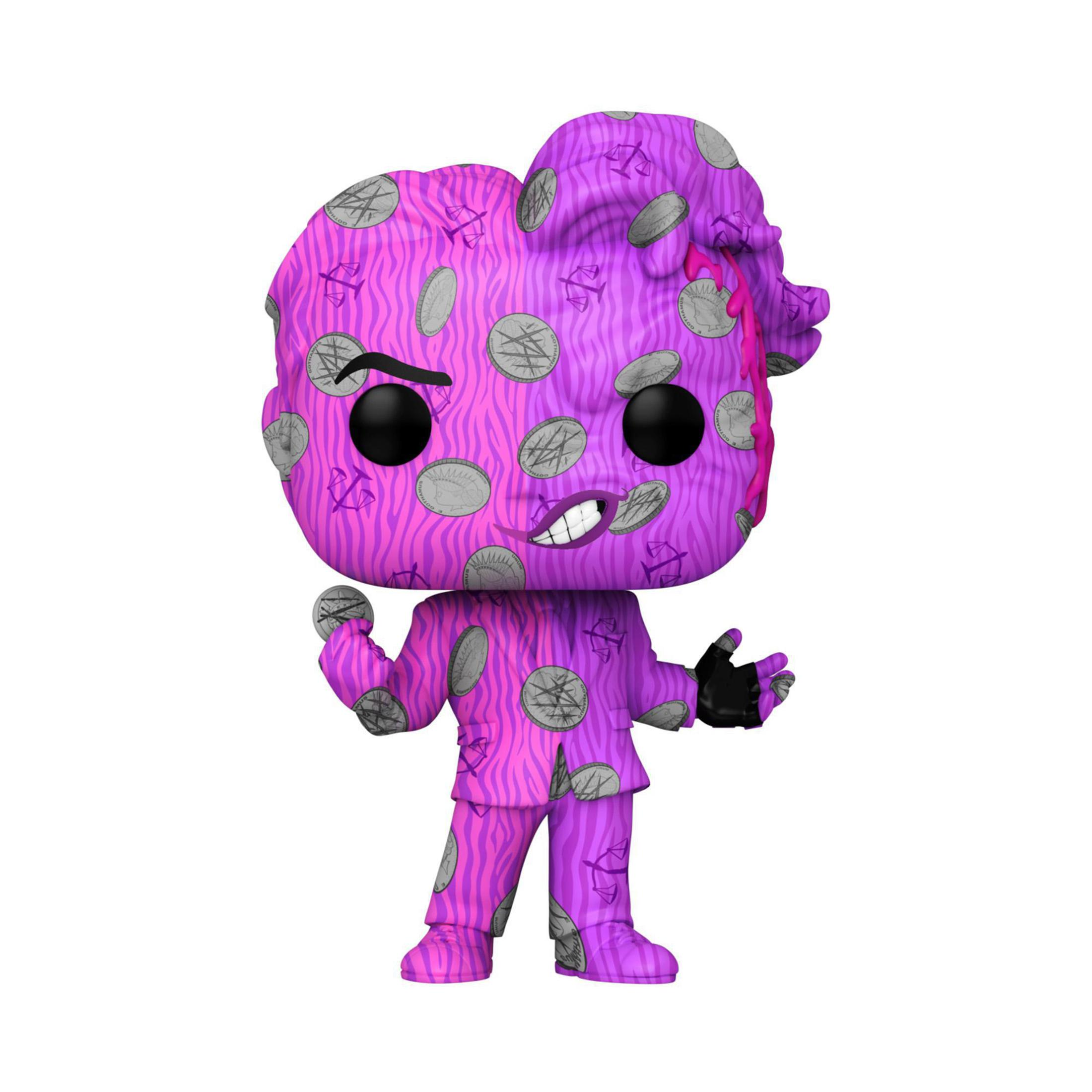 Eine Funko Pop Figur einer Figur mit einem lila-rosa gemusterten Anzug.