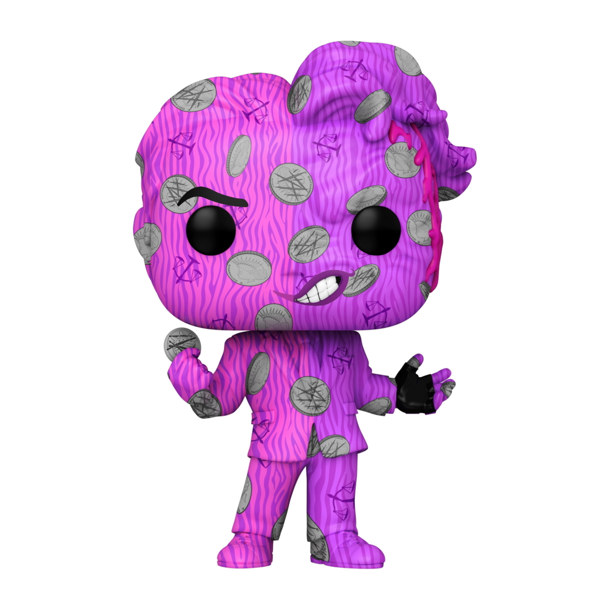 Funko Pop Vinyl Figur einer lila-grauen Figur mit Münzen und finsterem Ausdruck.
