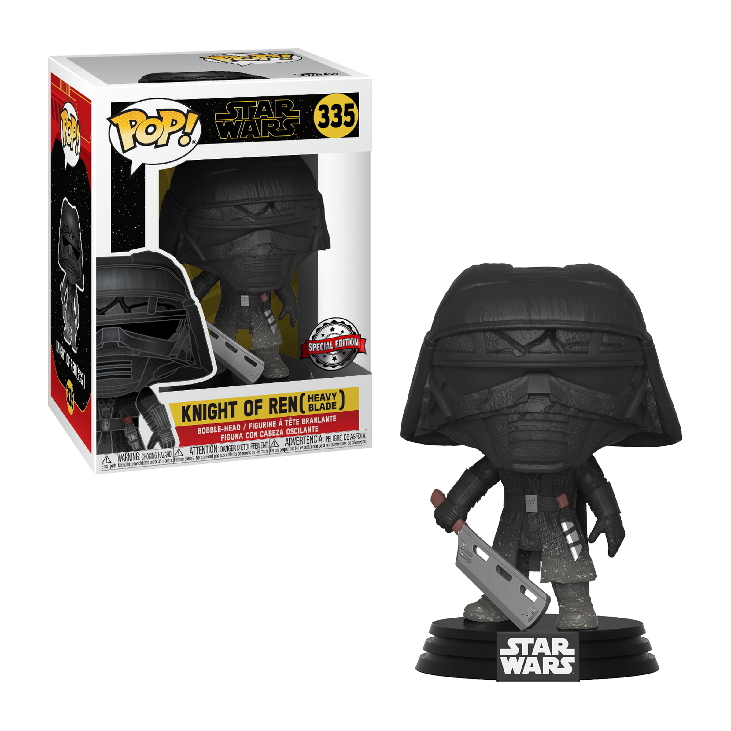 Figur von Knight of Ren mit schwarzem Helm und Klinge auf einem Sockel. Boxversion ebenfalls gezeigt.