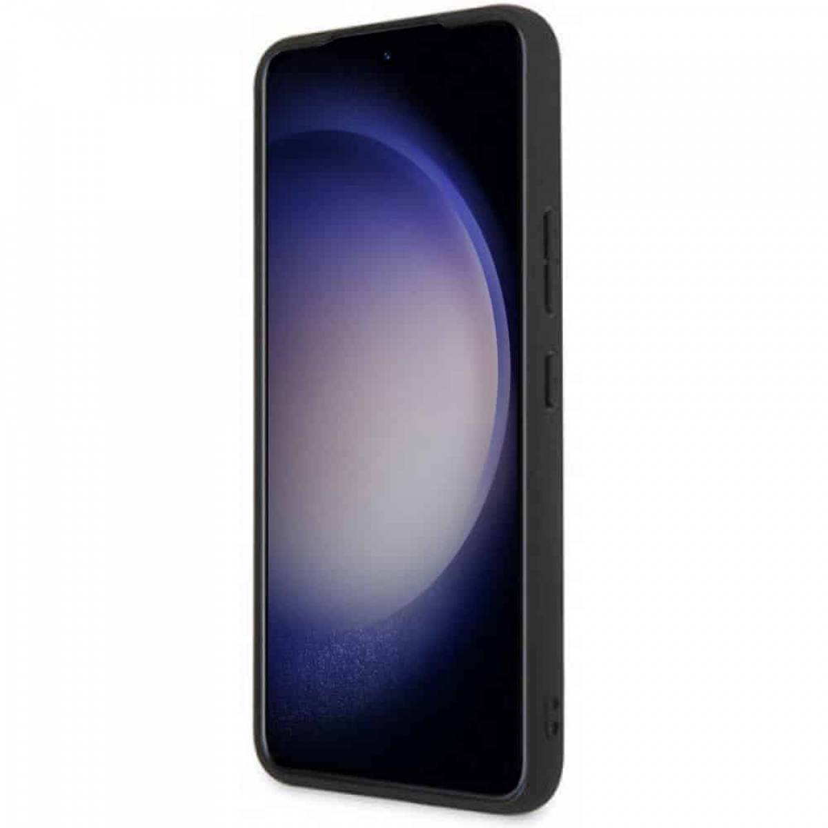 Smartphone nero in custodia, vista laterale, su sfondo bianco.