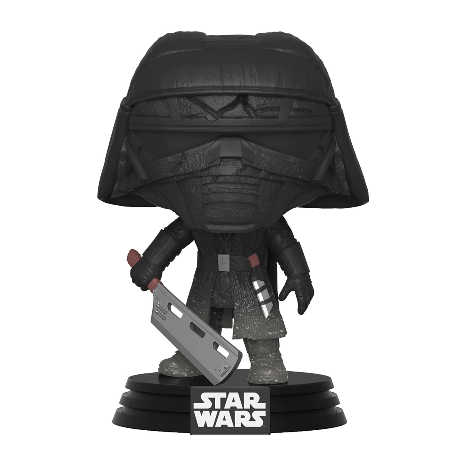 Schwarze Figur von Kylo Ren, der eine Waffe hält. Star Wars Logo.