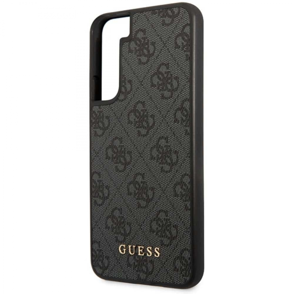 Custodia per telefono nera e grigia con motivo ripetuto e la parola GUESS.