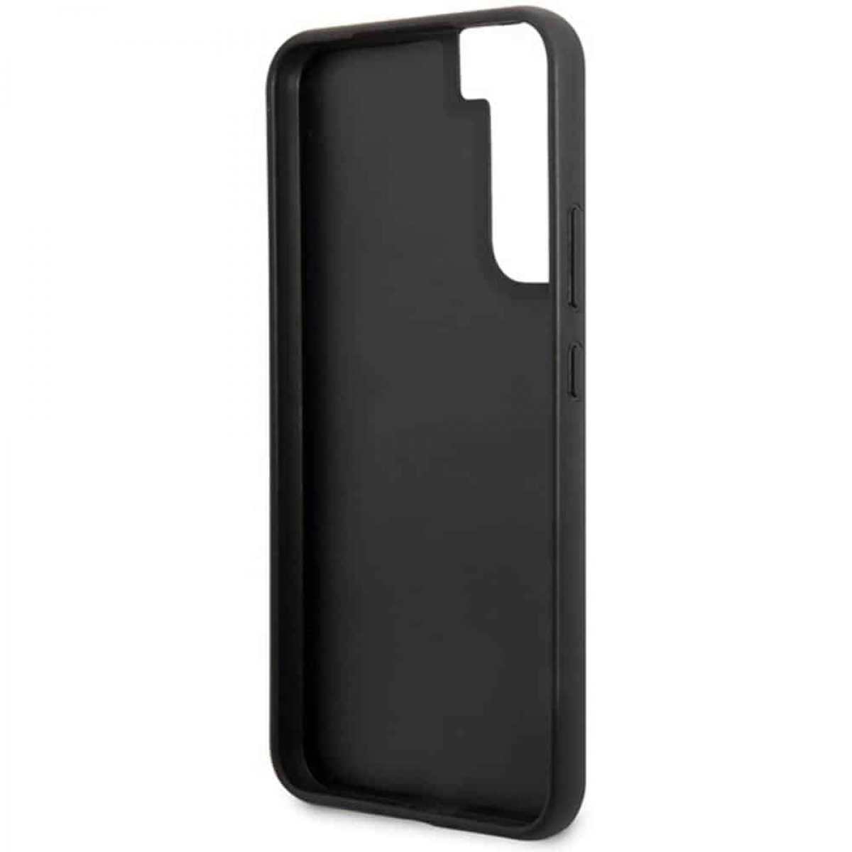 Custodia per telefono nera con ritaglio per la fotocamera su sfondo bianco.