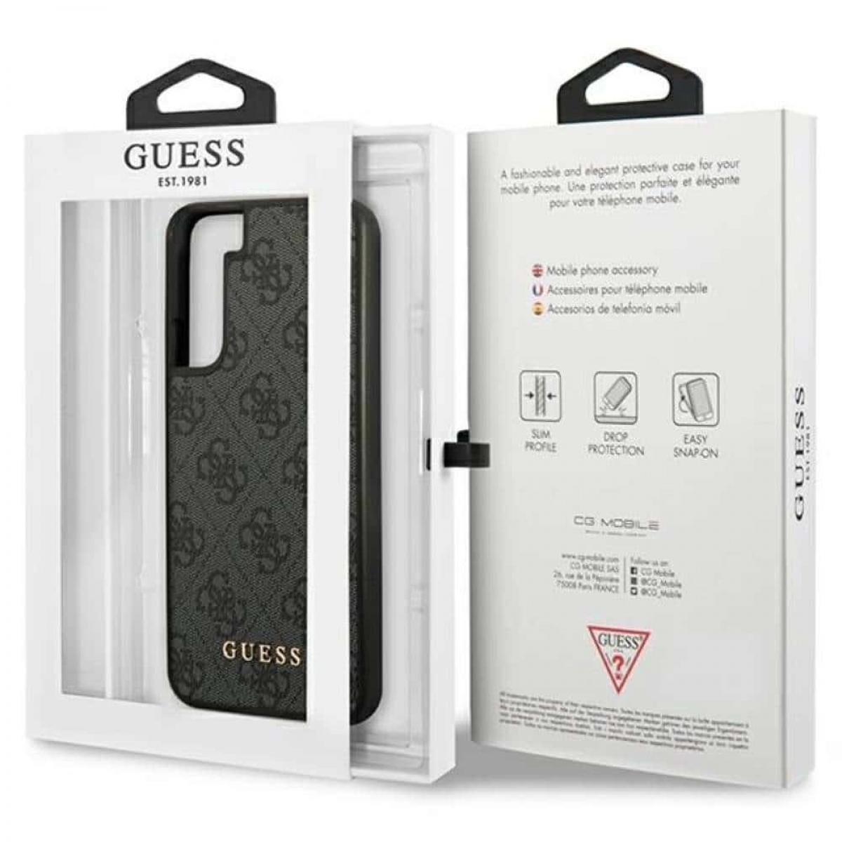Una custodia per telefono Guess in una scatola. Ha un motivo nero sul retro e il logo Guess.