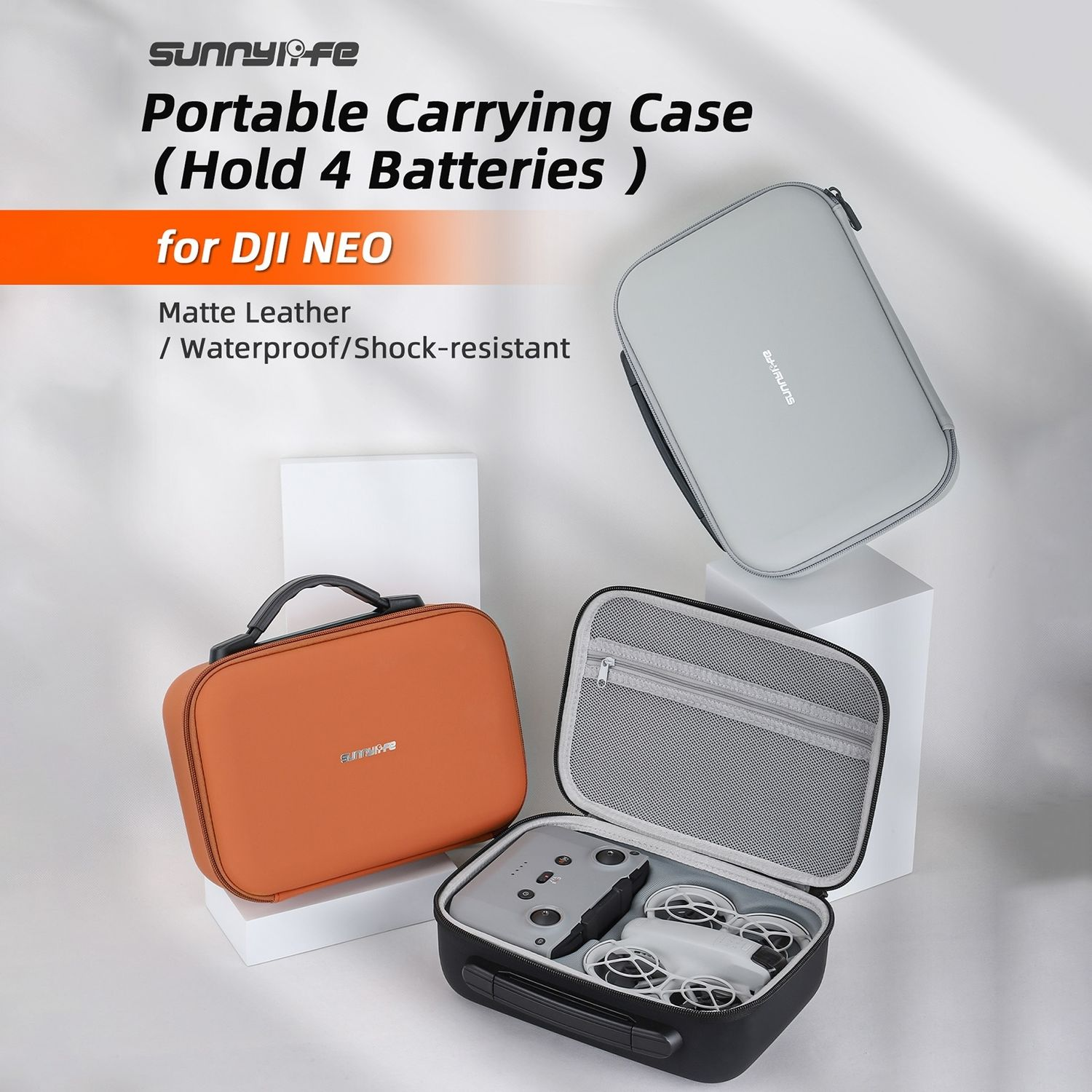 Eine Tragetasche für DJI NEO Drohnen. Die Tasche ist orange, grau und schwarz, mit Griff und Reißverschluss.