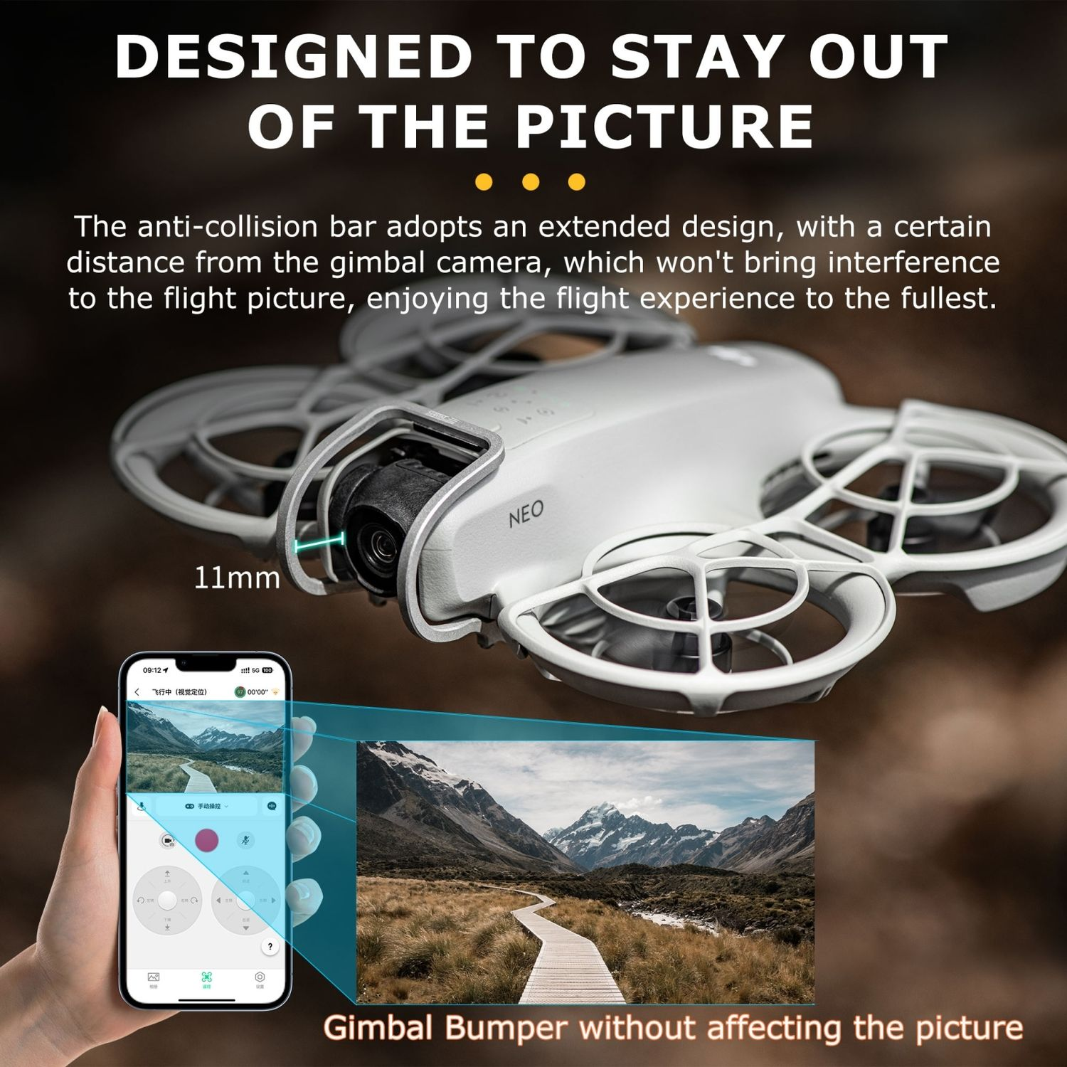 Drone bianco con telefono che mostra un'app di controllo e una foto del paesaggio.
