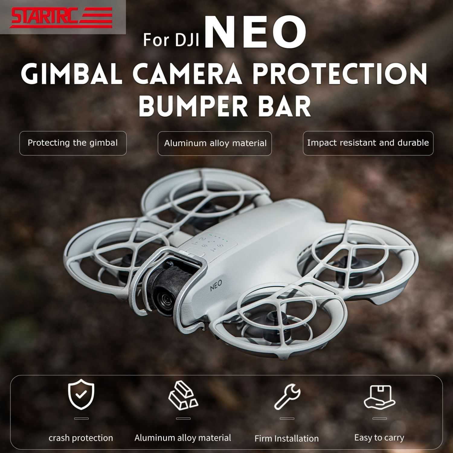 Drone bianco con quattro eliche, fotocamera e paraurti, sotto un banner con la scritta 'Gimbal Camera Protection'.