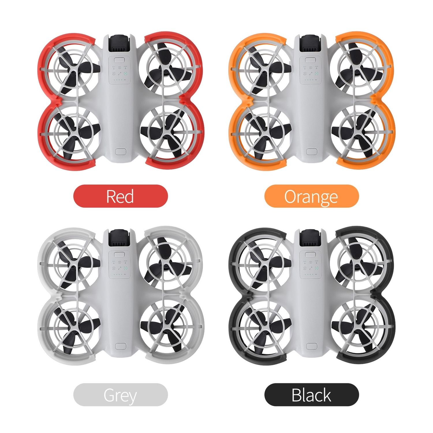 Quattro droni: rosso, arancione, grigio, nero. Ognuno ha quattro eliche e un'unità centrale. Le etichette indicano il colore.