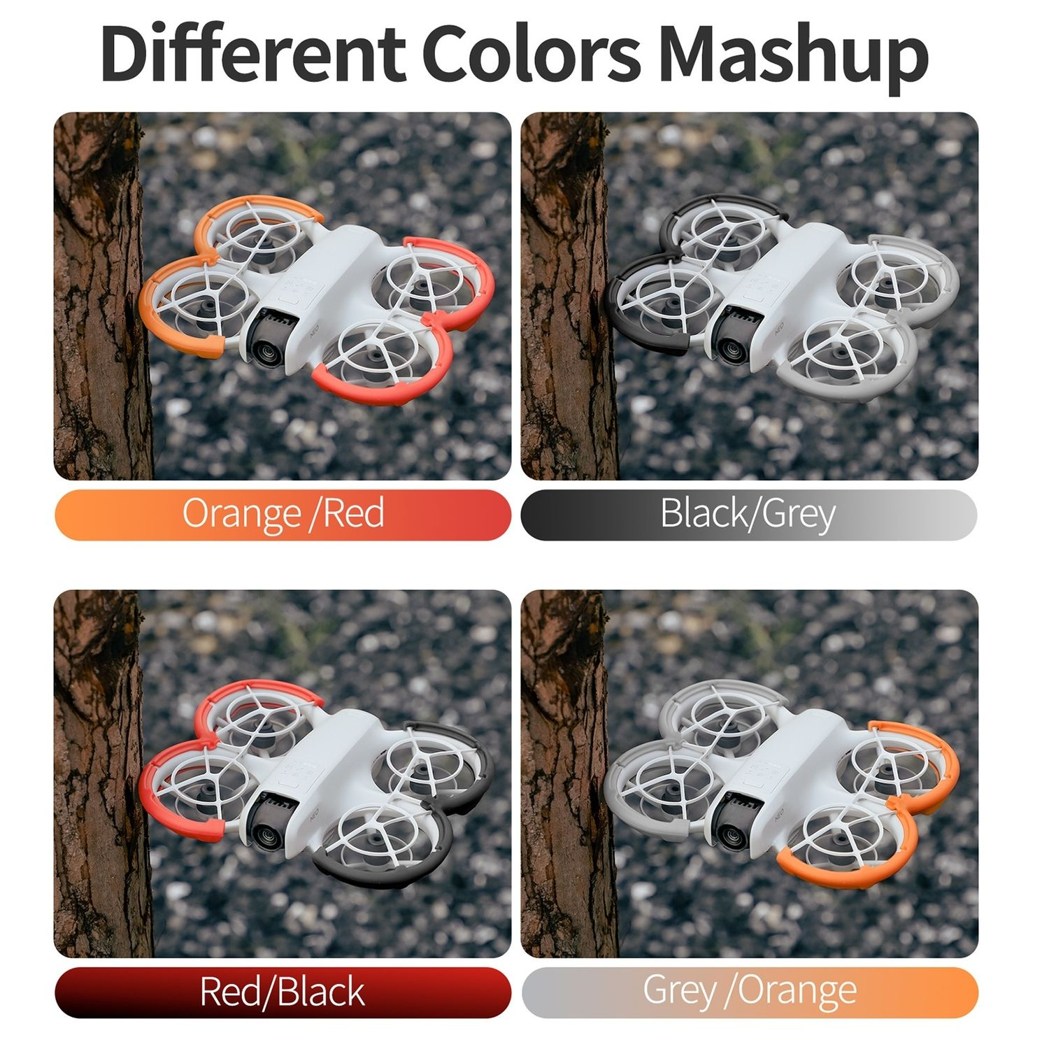 Sono visualizzati diversi colori di un drone, ciascuno con un corpo bianco.