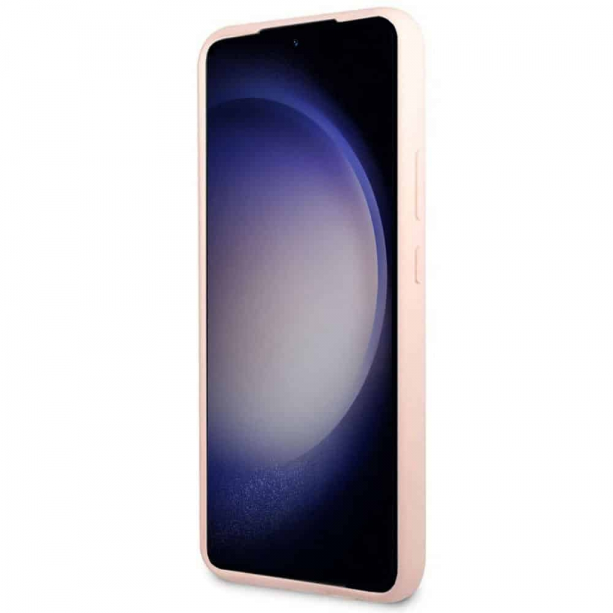 Rosa Smartphone mit großem schwarzen Bildschirm, leicht angewinkelt, auf weißem Hintergrund.