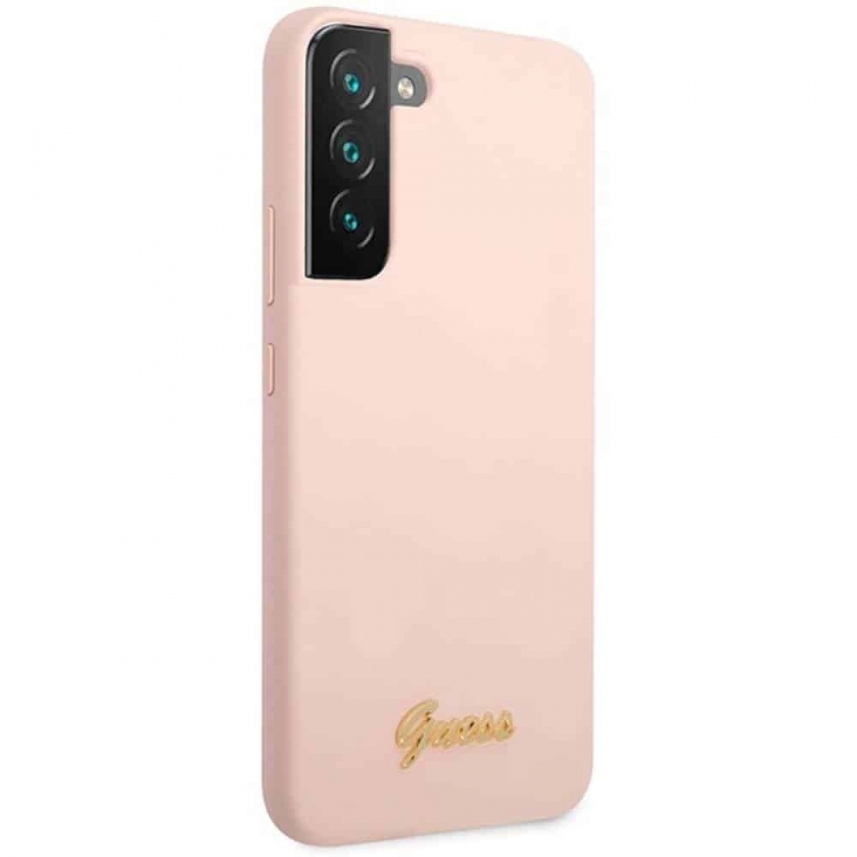 Rosa Handyhülle. Das Guess-Logo ist goldfarben. Die Hülle bedeckt die Rückseite.