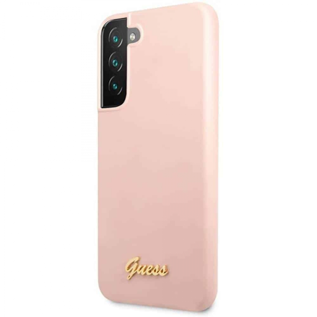 Eine pinke Handyhülle mit goldenem Guess-Logo im unteren Bereich.