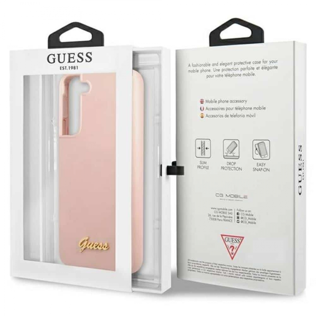 Eine Guess-Handyhülle in einer Schachtel. Die Hülle ist rosa und die Schachtel ist weiß mit dem Guess-Logo.