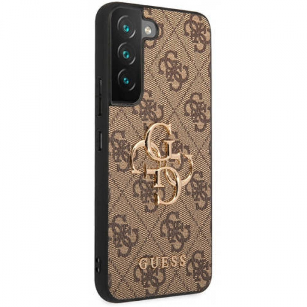 Una custodia per telefono Guess marrone con il logo Guess e un bordo nero.