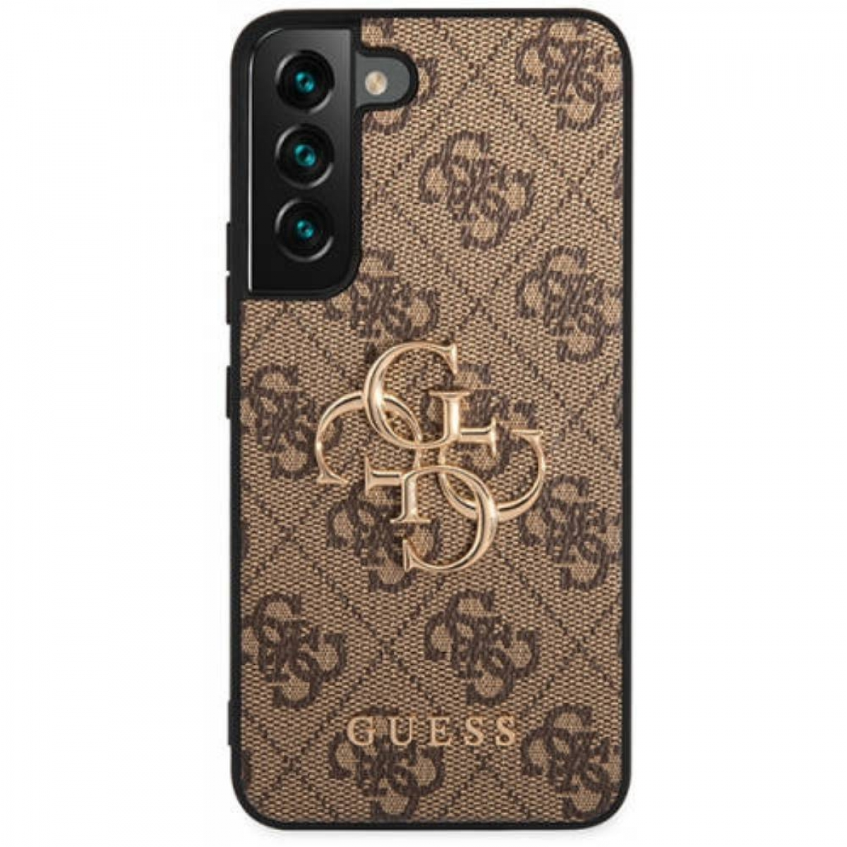 Custodia per telefono Guess marrone con logo oro, cornice nera, sfondo bianco.