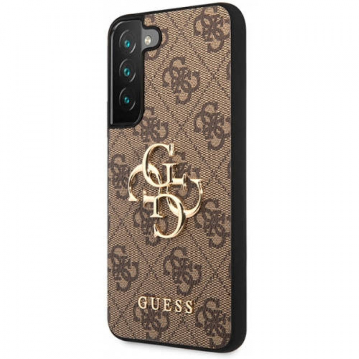 Custodia per telefono Guess marrone con il logo del marchio, logo Guess dorato e tre obiettivi della fotocamera.