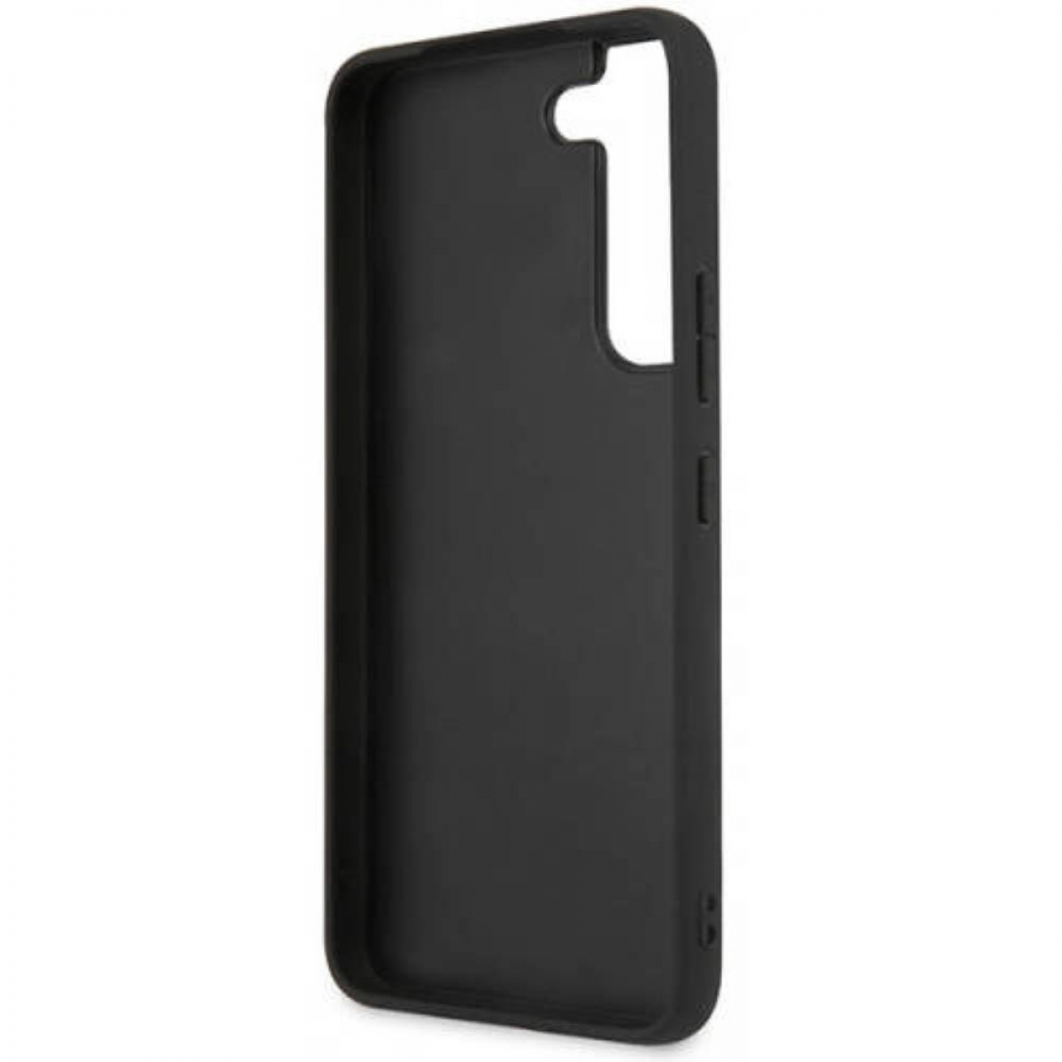 Custodia per telefono nera con un singolo ritaglio per la fotocamera e pulsanti laterali.