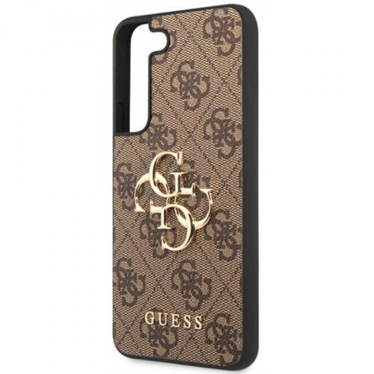 Custodia per telefono Guess marrone con motivo monogramma e logo Guess dorato.