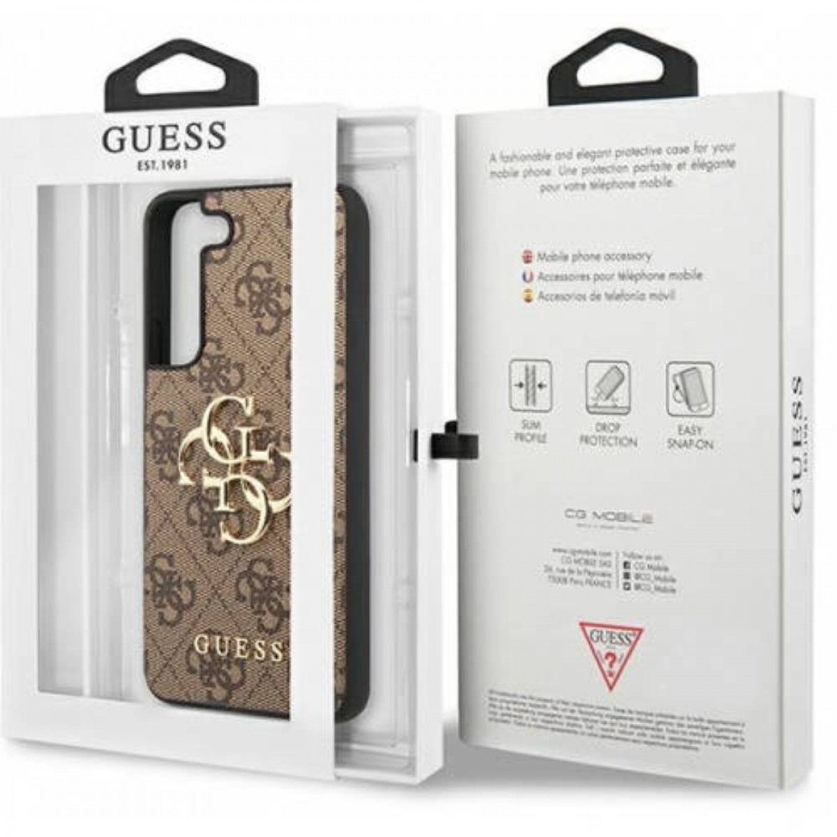 Una custodia per telefono Guess nella sua scatola. La custodia è marrone con logo dorato e bordi neri.