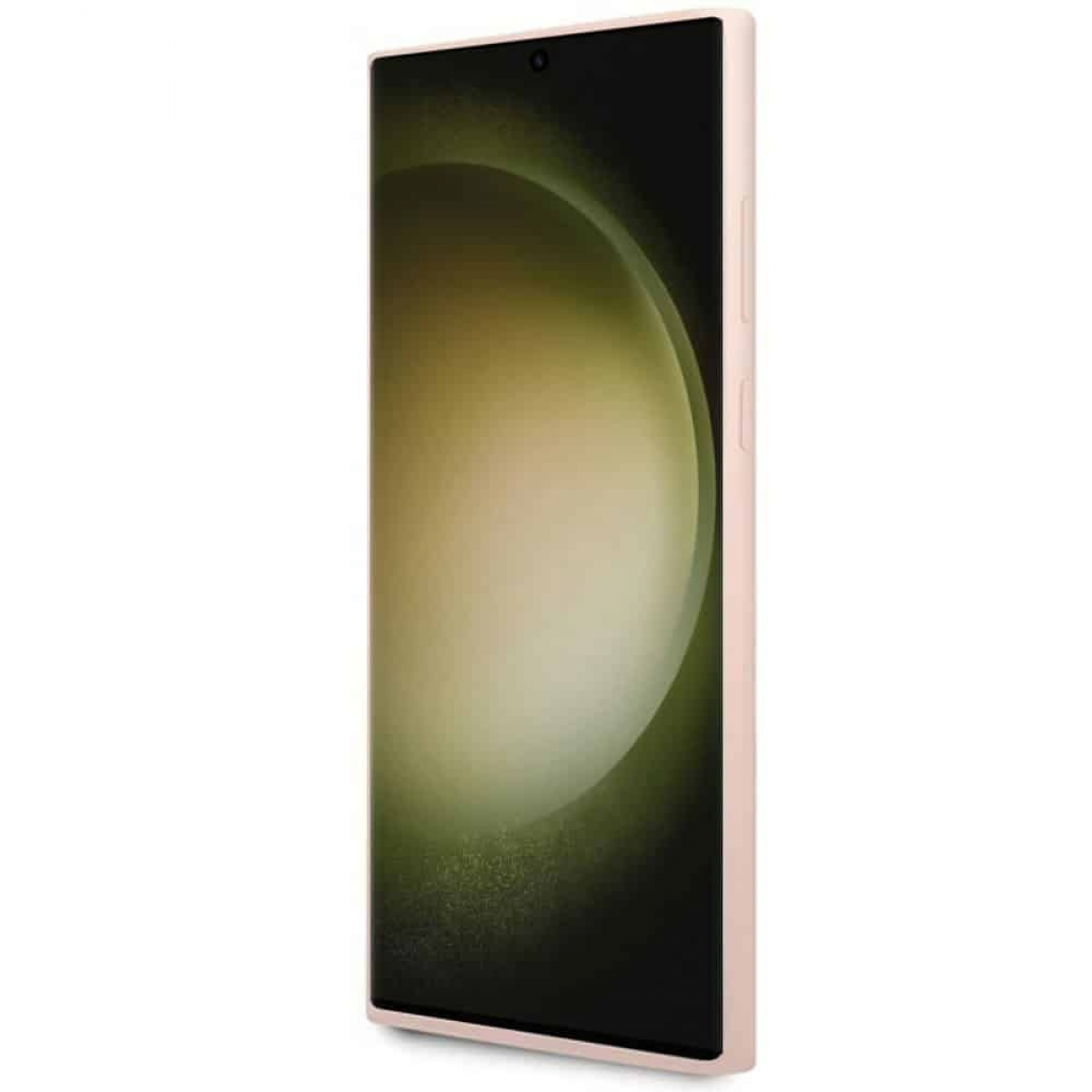 Uno smartphone rosa, visto di lato. Ha una fotocamera e uno schermo.
