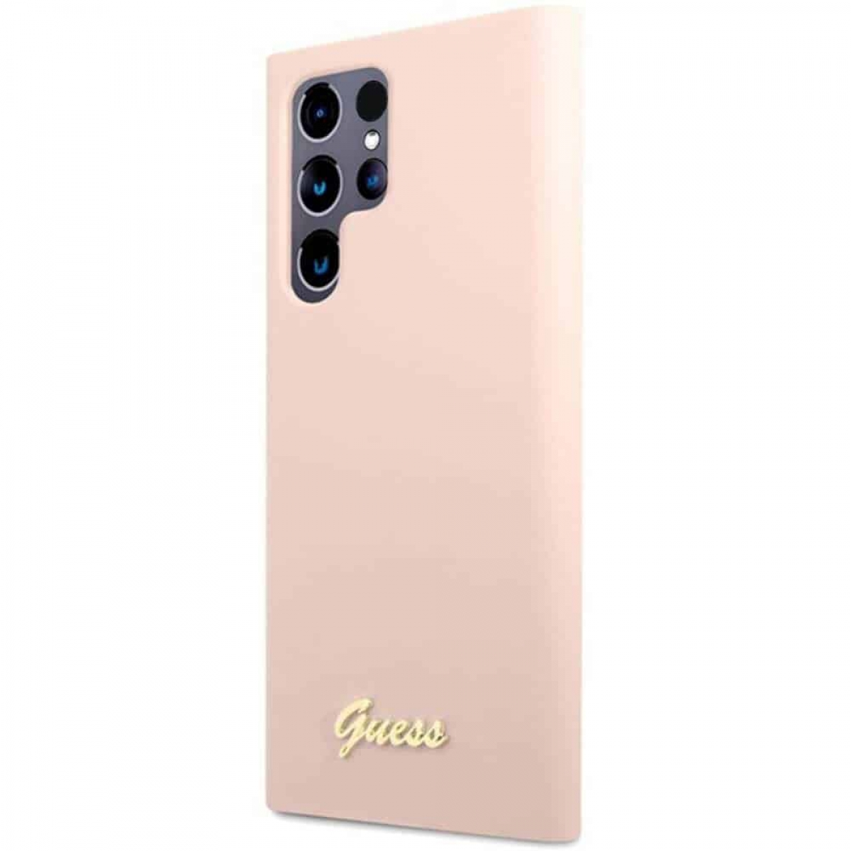 Custodia rosa per telefono con logo Guess e configurazione a tripla fotocamera sul retro.