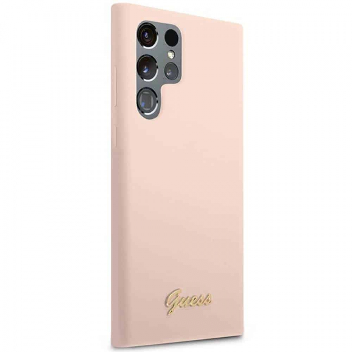 Custodia rosa per telefono con sporgenza per la fotocamera e la scritta 'Guess' in oro in basso.