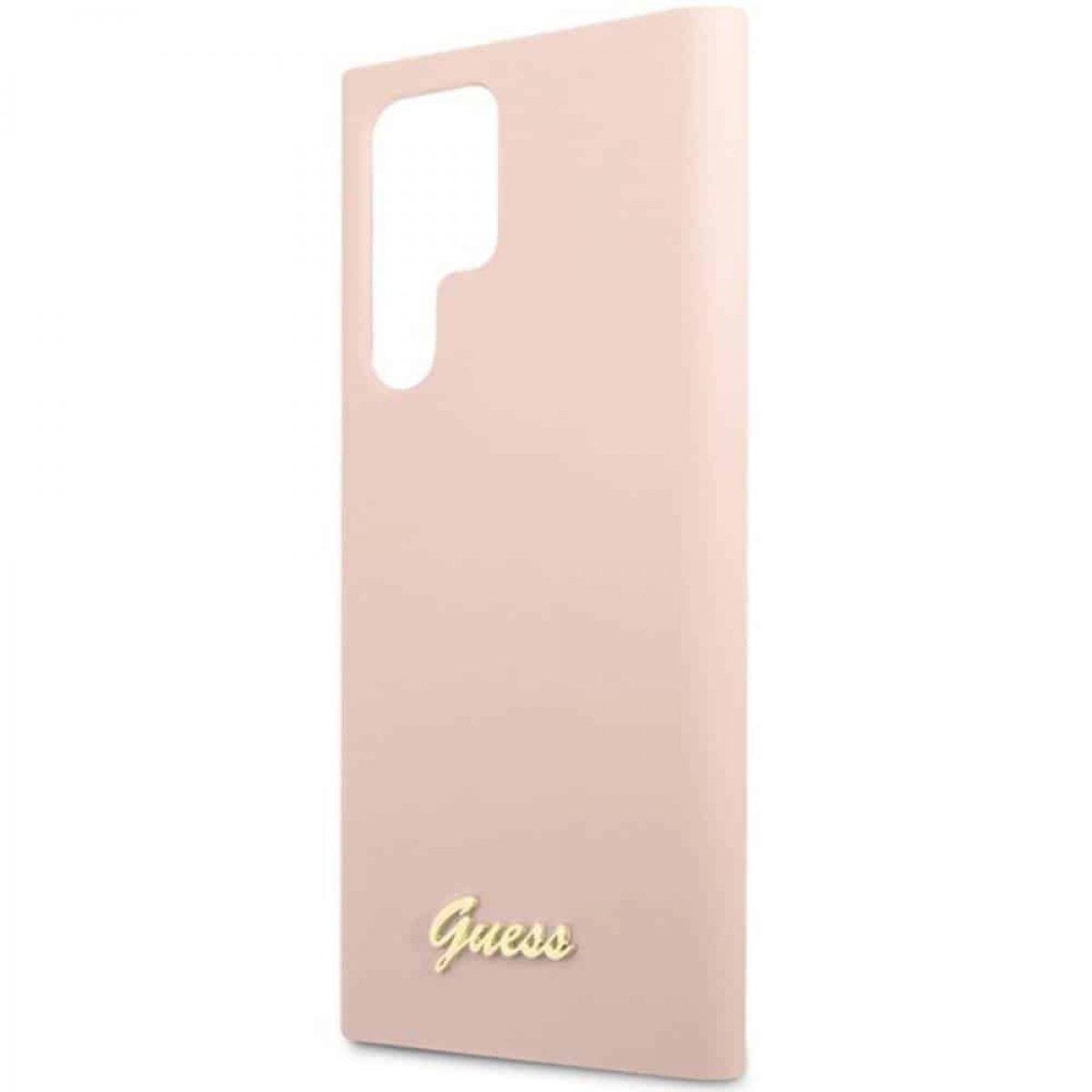 Custodia per telefono rosa con il logo "Guess". La custodia è semplice, con un ritaglio in alto.