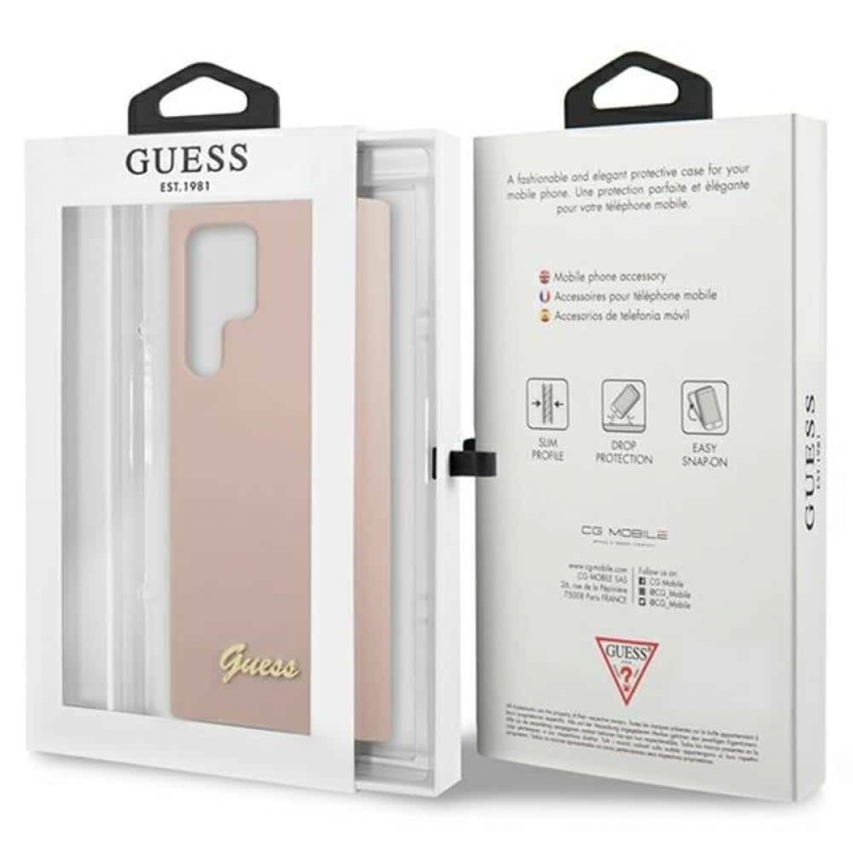 Una custodia per telefono Guess in una scatola. La custodia è rosa e la scatola è bianca con il marchio Guess.