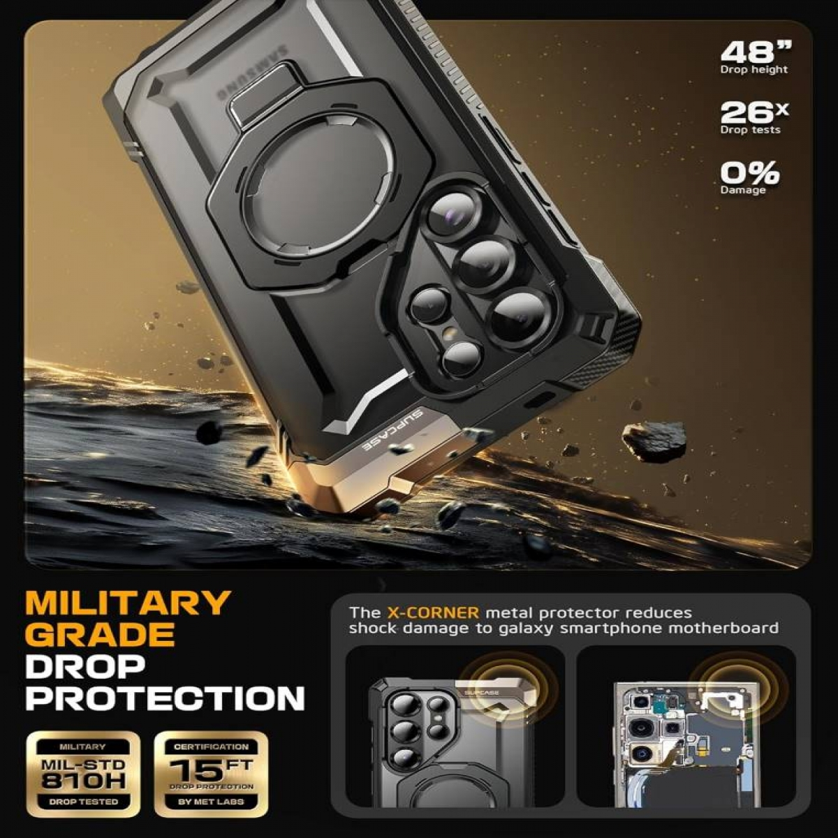Smartphone-Hülle mit robustem Design, Fallschutz und militärischen Merkmalen.