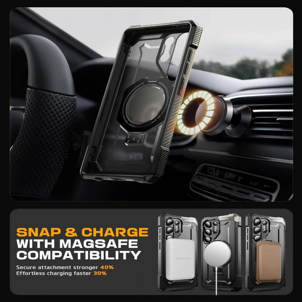 Handyhülle mit MagSafe-Kompatibilität im Auto. Eigenschaften: Snap & Charge, sichere Befestigung.