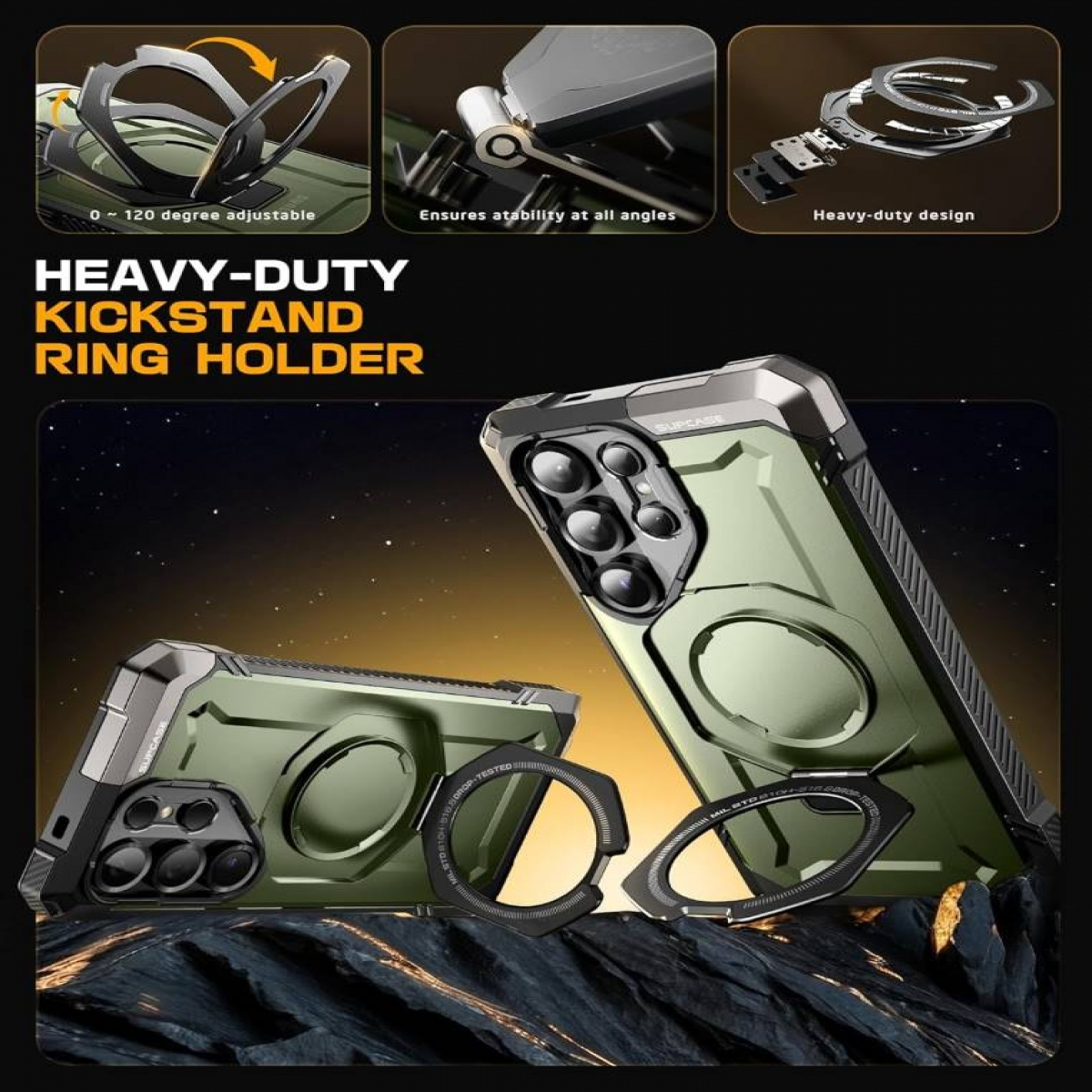 Eine Handyhülle mit Ringhalter. Die Hülle ist grün und schwarz. Der Ring hat ein robustes Design.