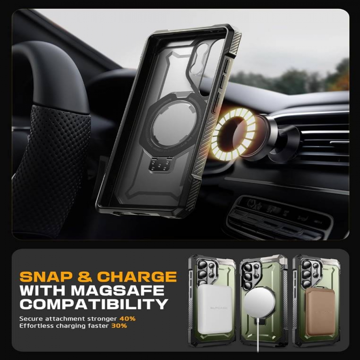Eine Handyhülle mit Magnetring im Auto. Die Hülle hat einen magnetischen Lader.
