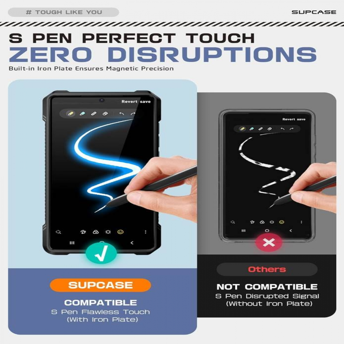 Infografica che mostra la custodia SUPCASE con S Pen. La custodia garantisce precisione magnetica, a differenza di altre.
