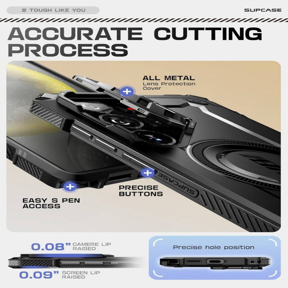 Primo piano di una custodia per telefono con design nero e argento. Il testo dice Accurate Cutting Process.